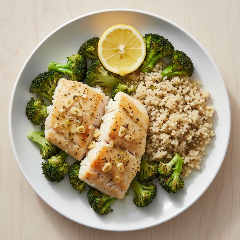Garlic Herb Baked Cod with Steamed Broccoli and Quinoa