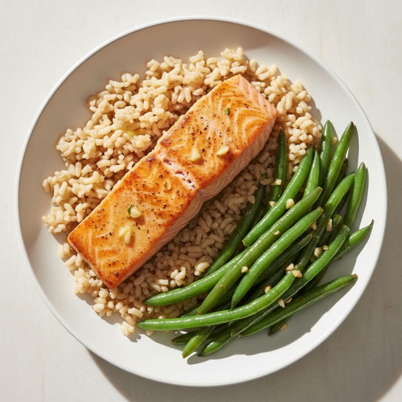 Seared Salmon with Garlic Green Beans and Brown Rice