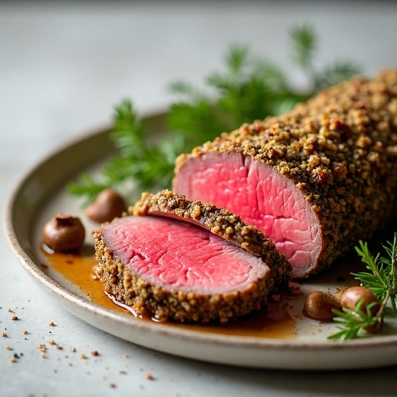 Tender Beef Tenderloin with Crispy Mushroom-Herb Crust