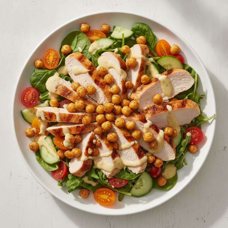Grilled Turkey Breast Salad with Crunchy Chickpeas and Lemon Tahini Dressing