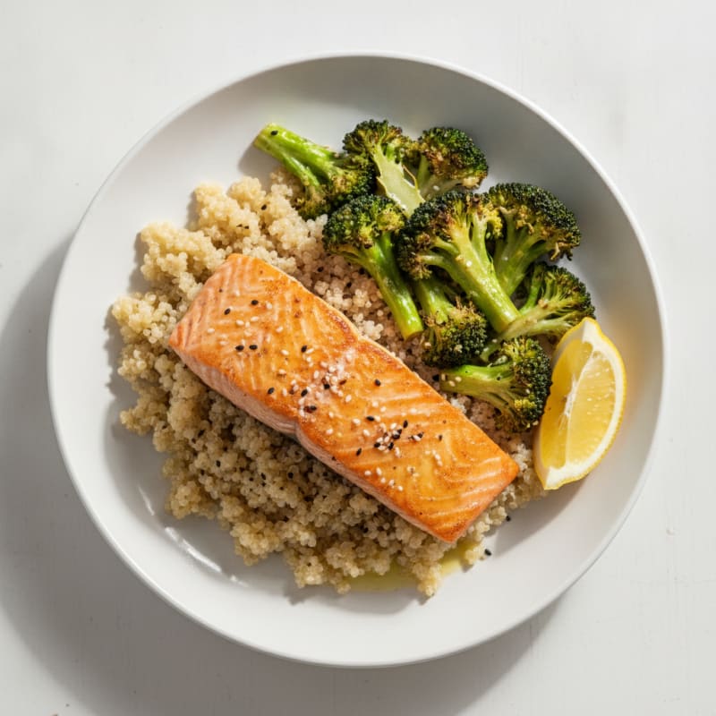 Seared Salmon with Roasted Broccoli and Quinoa