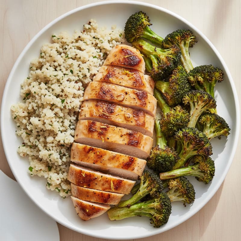 Grilled Lemon Garlic Chicken Breast with Quinoa and Roasted Broccoli