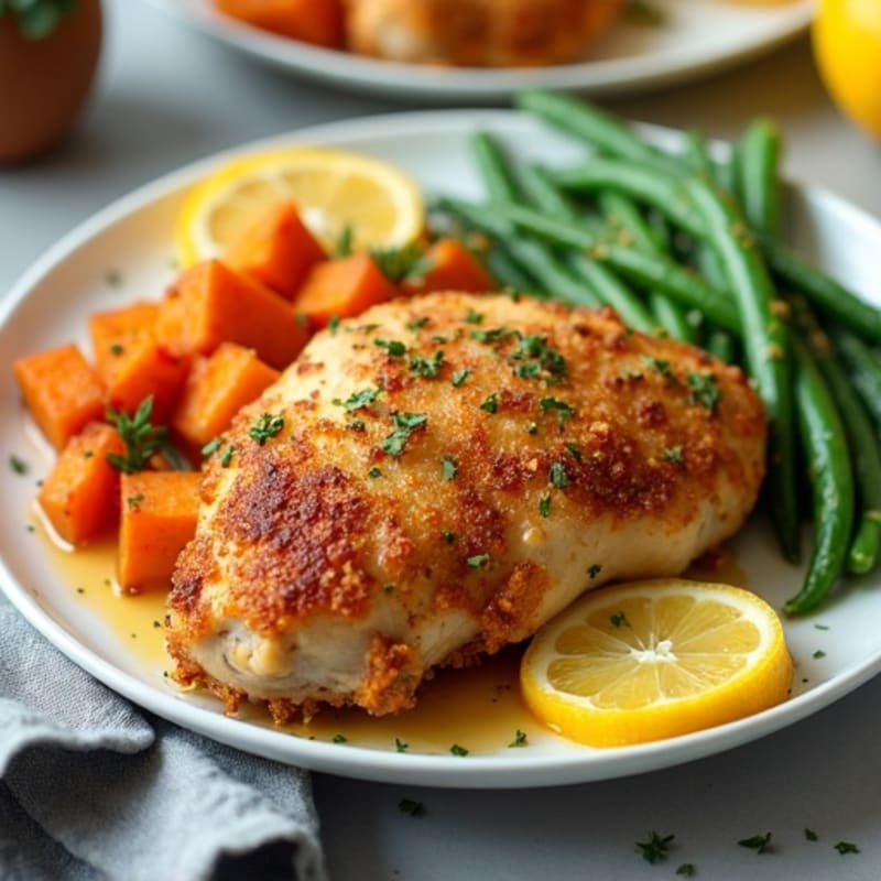Crispy Lemon-Herb Baked Chicken with Roasted Sweet Potatoes and Green Beans