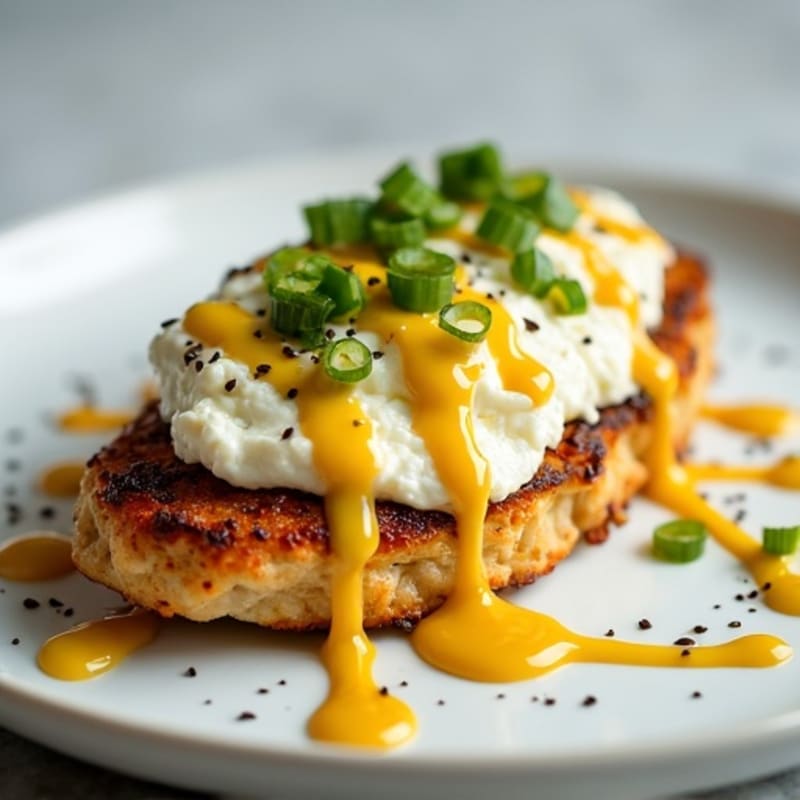 Baked Sesame Cottage Cheese Chicken with Creamy Egg Whites and Tangy Mustard Drizzle