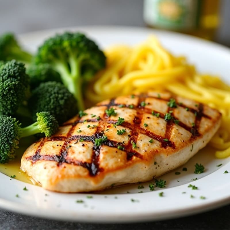 Grilled Chicken Breast with Spaghetti Squash and Steamed Broccoli