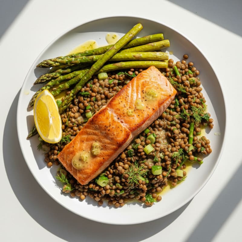Seared Salmon with Roasted Asparagus and Lentil Salad