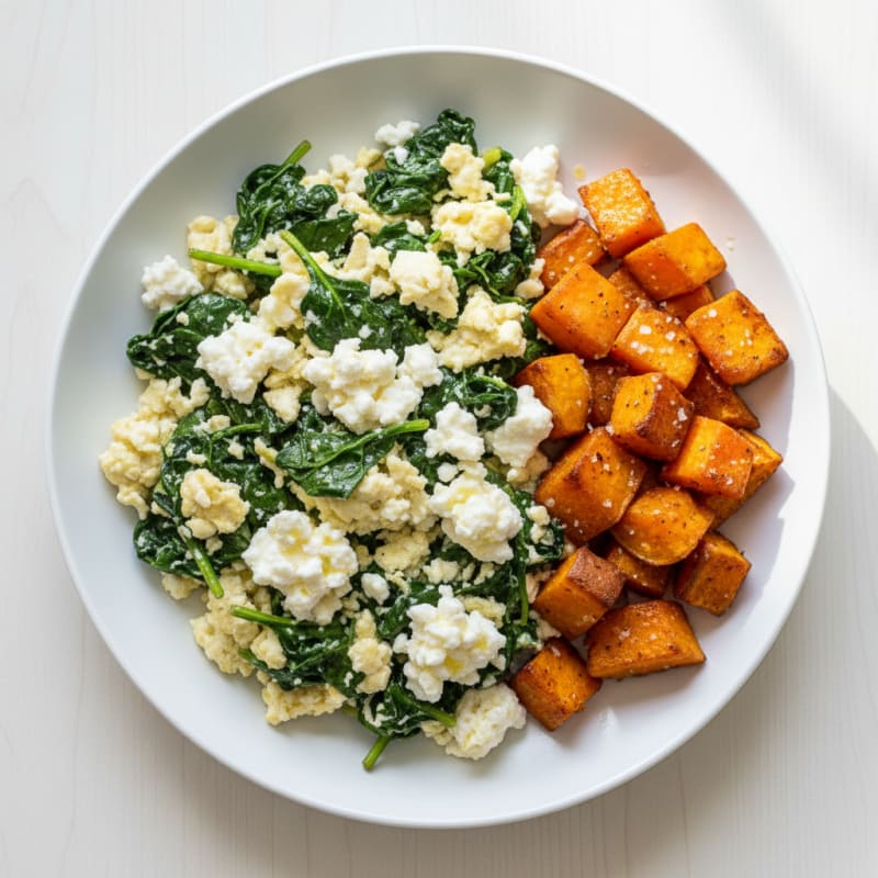 Egg White Spinach Scramble with Cottage Cheese and Roasted Sweet Potato
