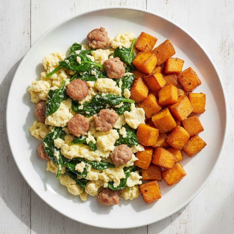Egg White and Turkey Sausage Scramble with Spinach and Roasted Sweet Potatoes