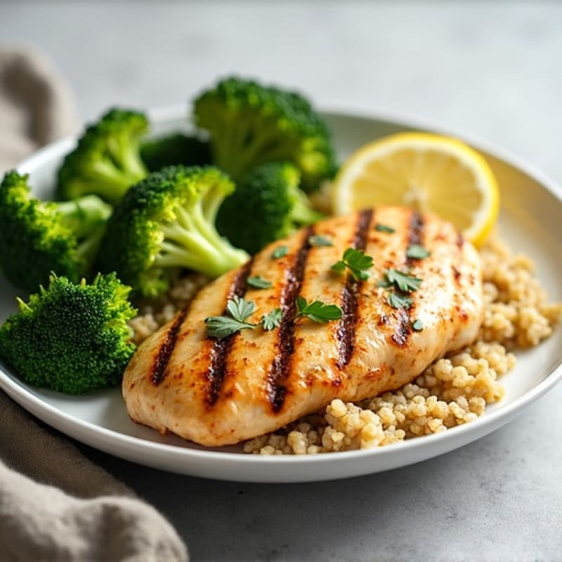 Grilled Lemon Garlic Chicken Breast with Quinoa and Steamed Broccoli