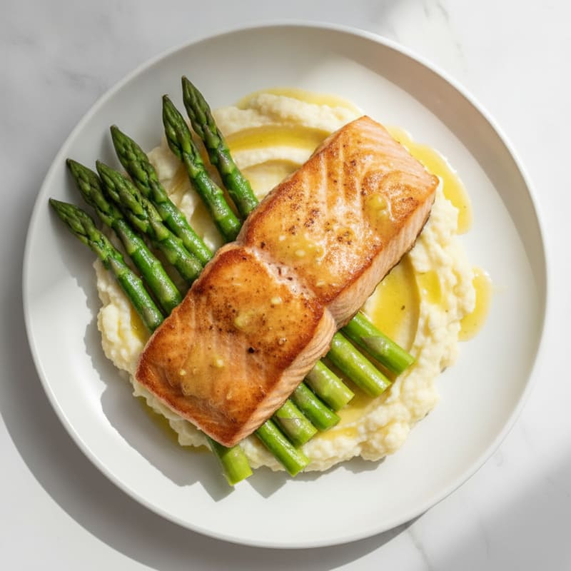 Seared Salmon Fillet with Steamed Asparagus and Cauliflower Mash