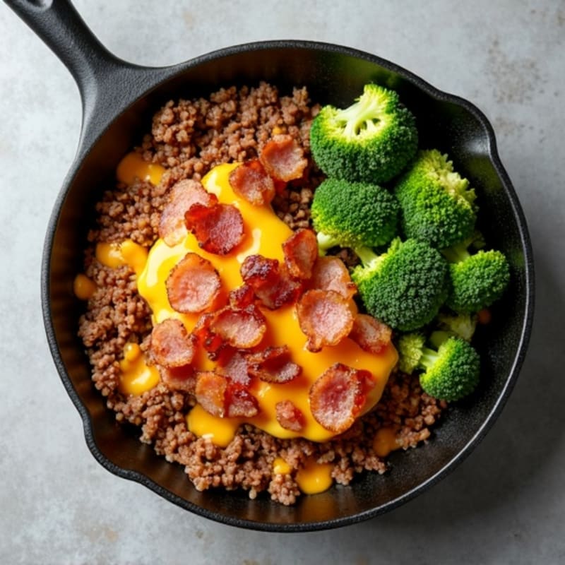 Lean Ground Beef & Crispy Bacon Skillet with Melted Cheddar and Roasted Broccoli