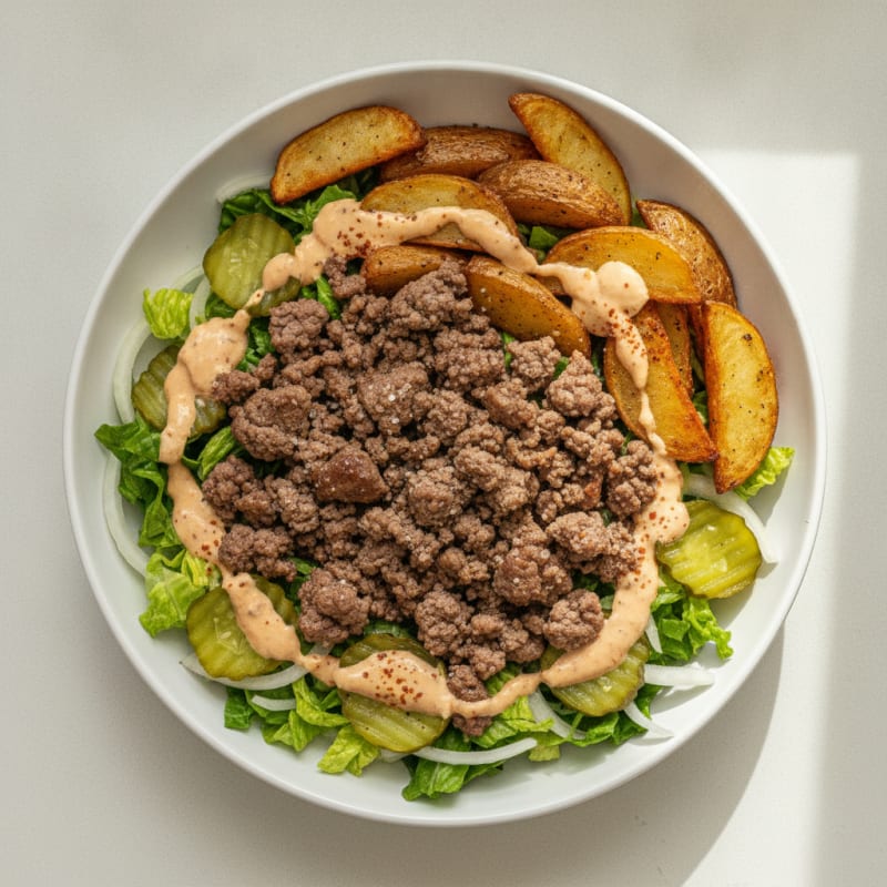 Deconstructed Burger Bowl with Crispy Potatoes