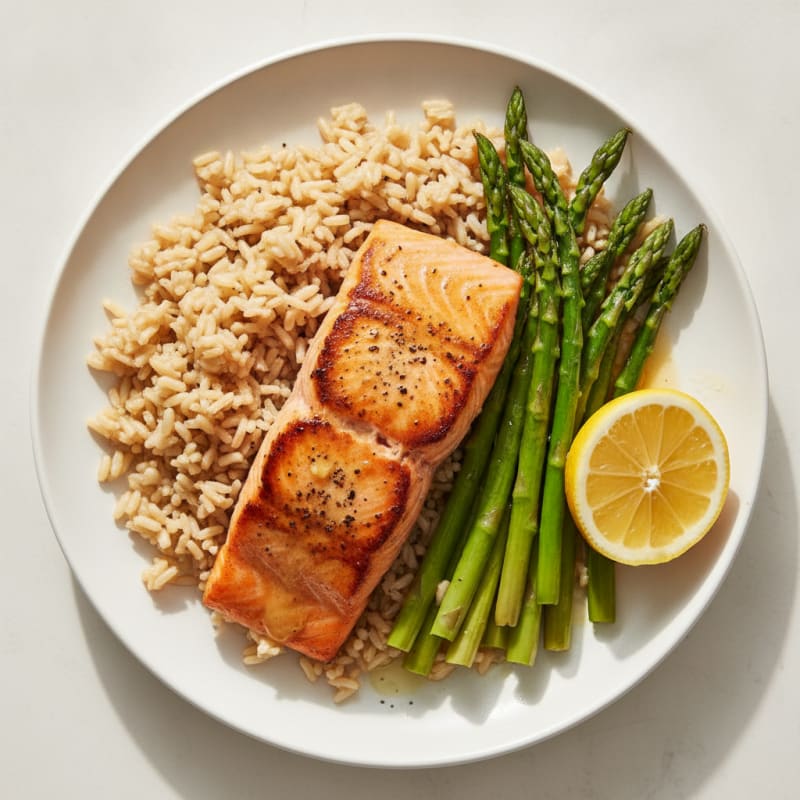 Seared Salmon with Steamed Asparagus and Brown Rice