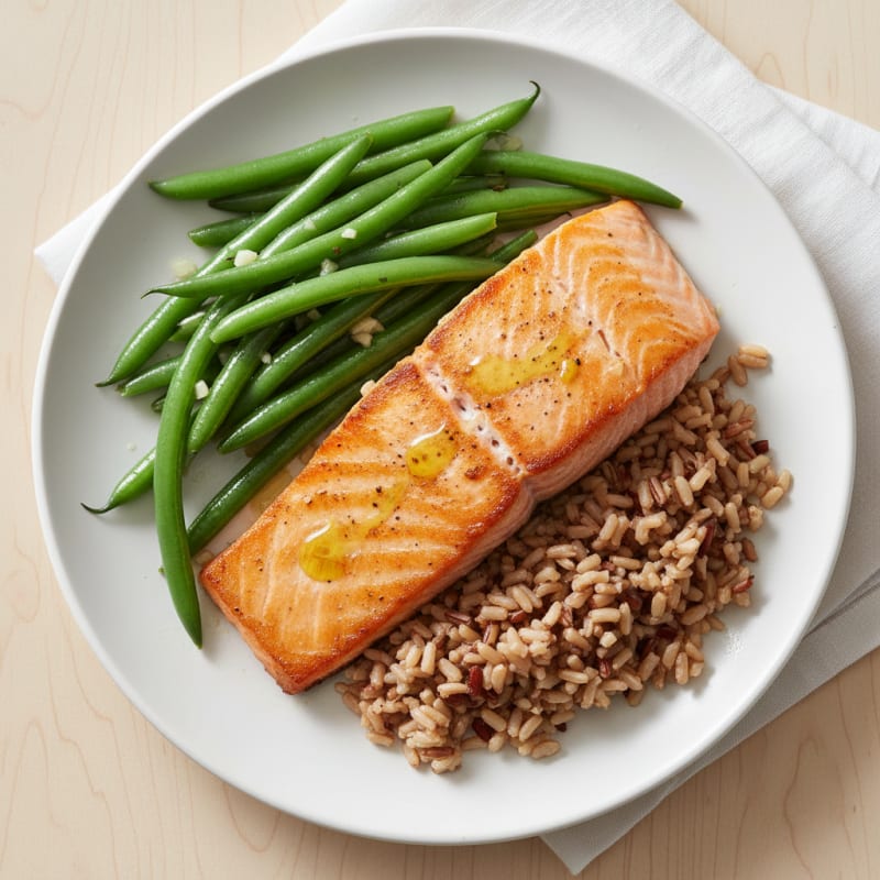 Seared Salmon Fillet with Garlic Green Beans and Brown Rice