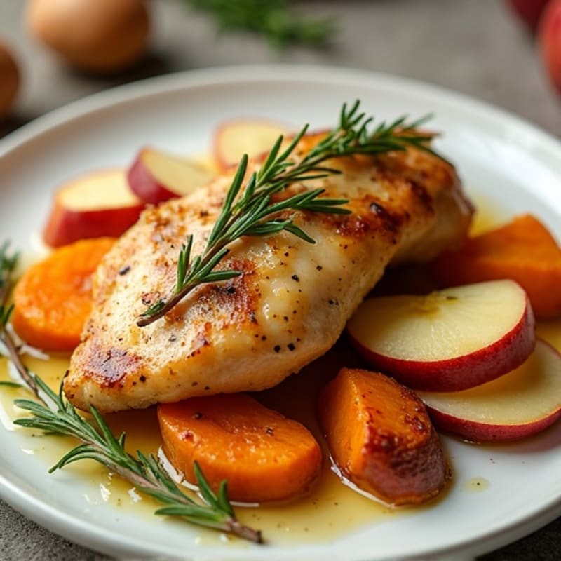Roasted Chicken and Apple with Sweet Potatoes and Herbs
