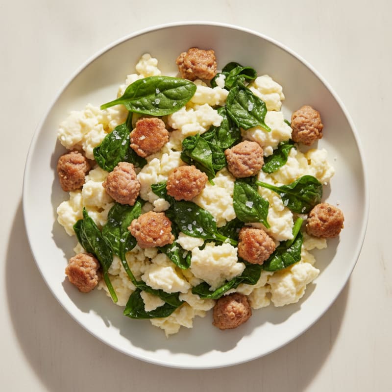 Egg White Scramble with Turkey Sausage and Sautéed Spinach