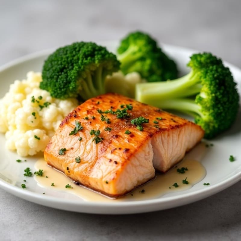 Seared Salmon with Steamed Broccoli and Garlic Cauliflower Mash