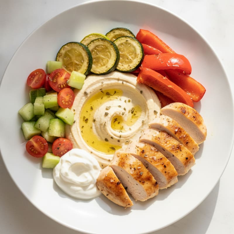 Mediterranean Hummus Platter with Roasted Chicken and Vegetables