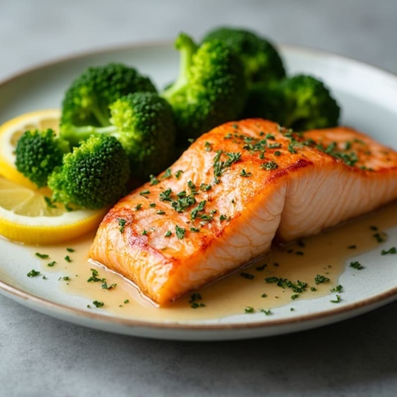 Seared Salmon with Steamed Broccoli and Lemon