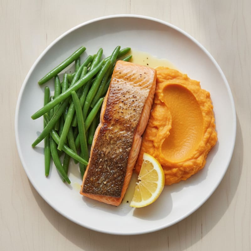Seared Salmon Fillet with Steamed Green Beans and Sweet Potato Mash