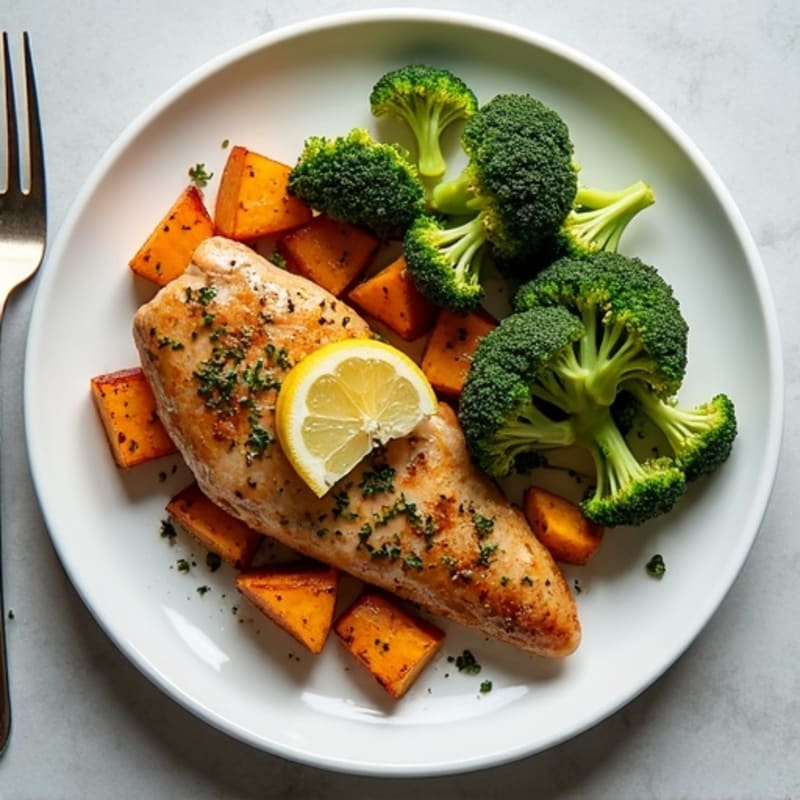 Sheet Pan Lemon Herb Chicken Breast with Roasted Sweet Potatoes and Crispy Broccoli