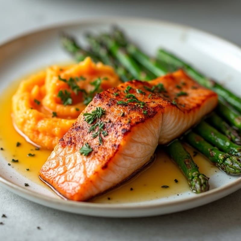 Seared Salmon with Roasted Asparagus and Sweet Potato Mash