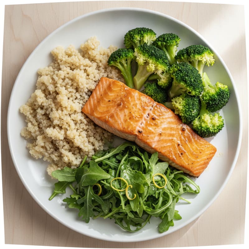 Seared Salmon with Steamed Broccoli and Quinoa