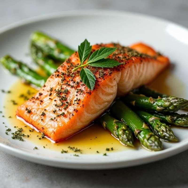 Herb-Crusted Pan Seared Salmon with Garlic Butter Asparagus