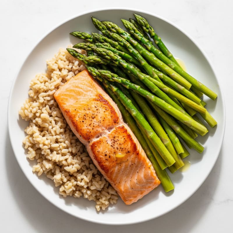 Seared Salmon with Steamed Asparagus and Brown Rice