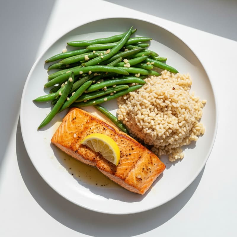 Seared Salmon Fillet with Garlic Green Beans and Brown Rice