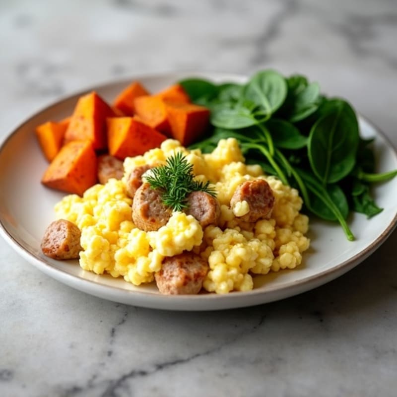Egg White and Turkey Sausage Scramble with Roasted Sweet Potatoes