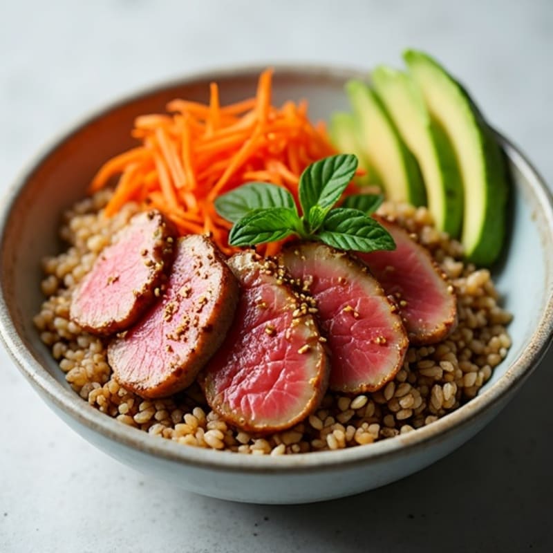 Sesame-Soy Tuna Rice Bowl with Fresh Avocado and Crispy Vegetables
