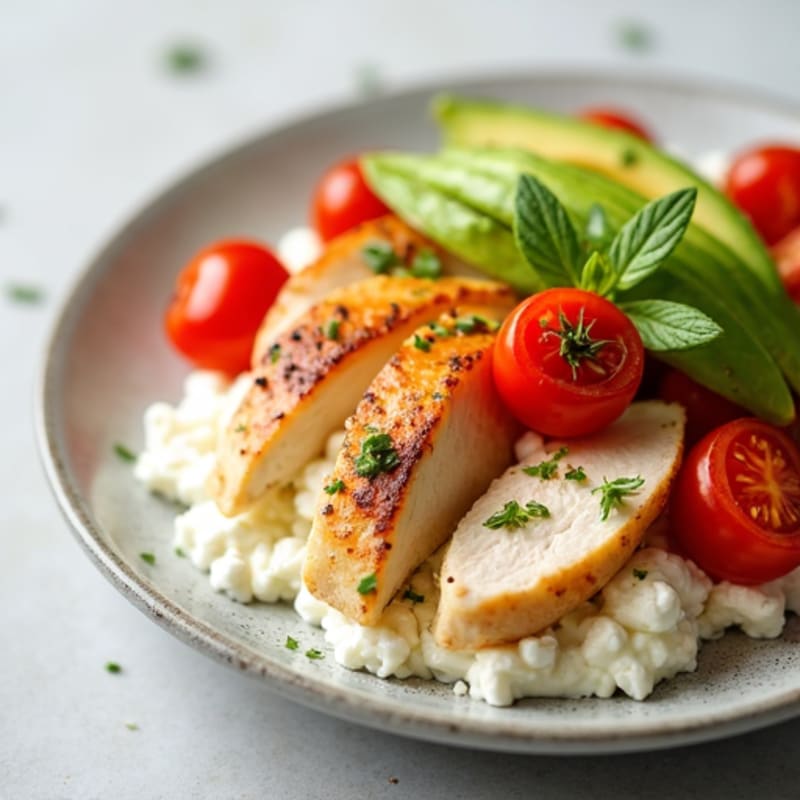 Cottage Cheese with Sliced Chicken Breast and Cherry Tomatoes