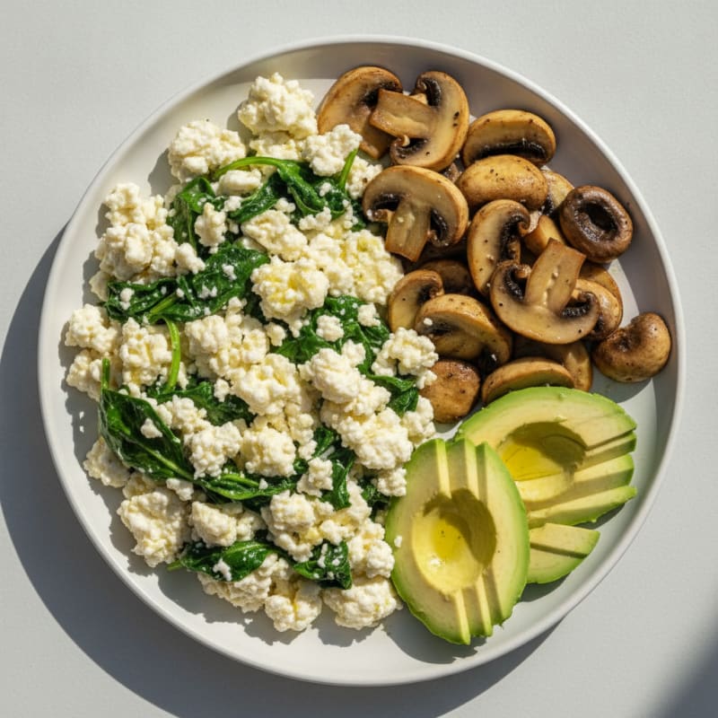 Egg White Spinach Scramble with Cottage Cheese and Sautéed Mushrooms