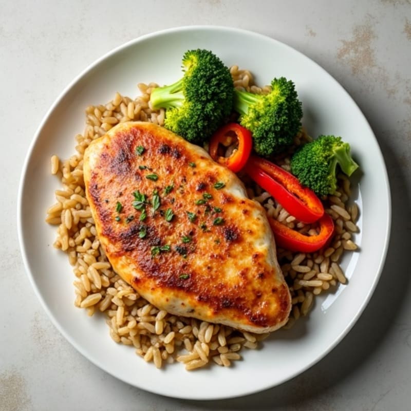 Pan-Seared Chicken with Brown Rice and Crispy Vegetables