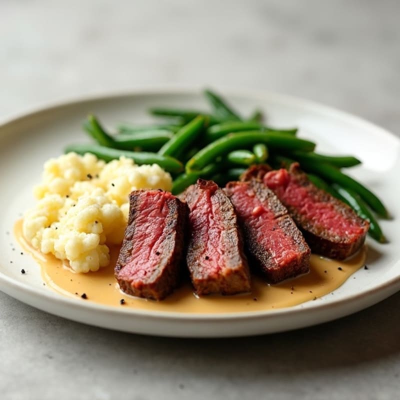 Seared Lean Beef Strips with Garlic Green Beans and Cauliflower Mash