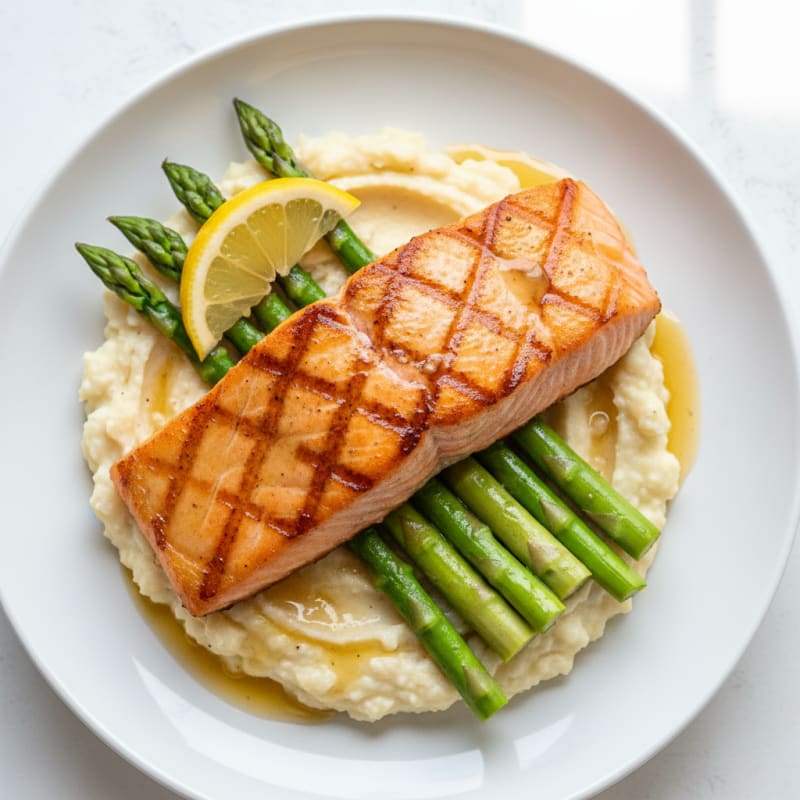 Seared Salmon with Steamed Asparagus and Garlic Cauliflower Mash