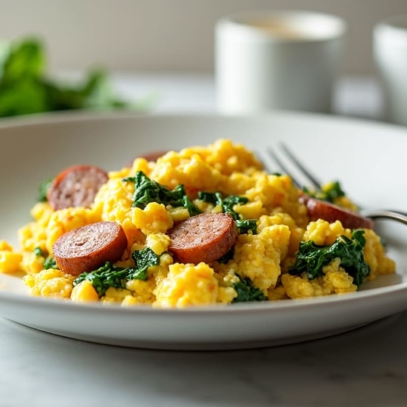 Fluffy Egg Scramble with Lean Turkey Sausage and Fresh Spinach