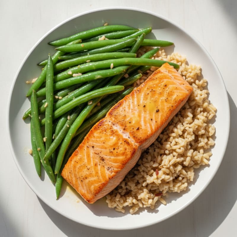 Seared Salmon with Garlic Green Beans and Brown Rice