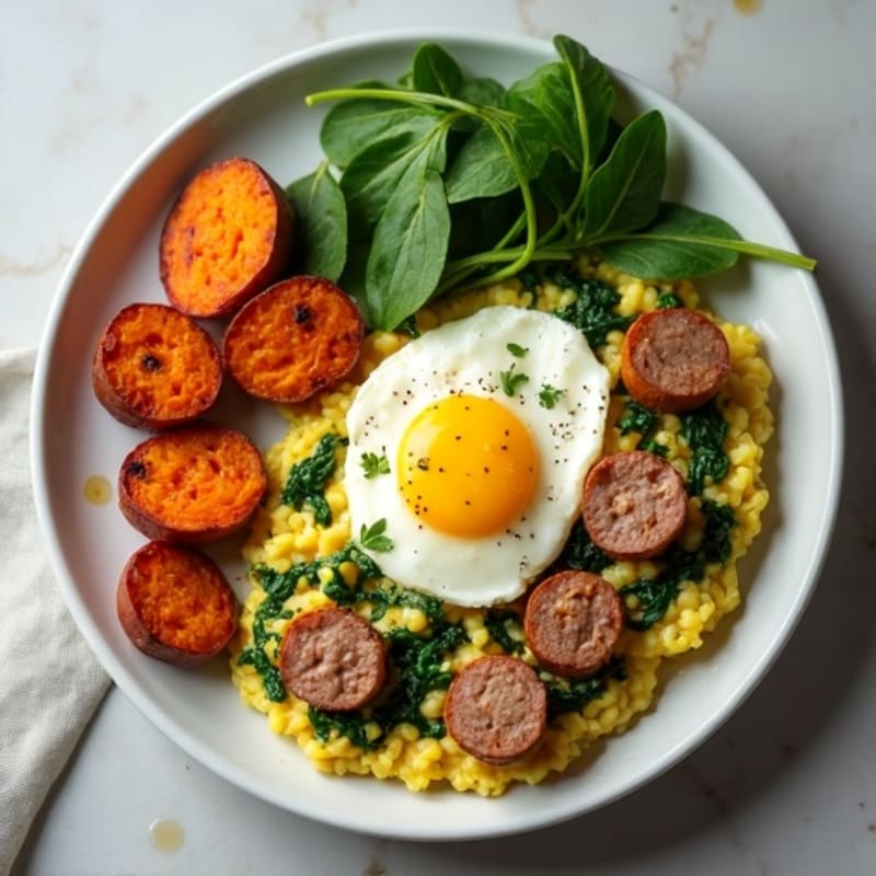 Egg White and Turkey Sausage Scramble with Spinach and Roasted Sweet Potatoes
