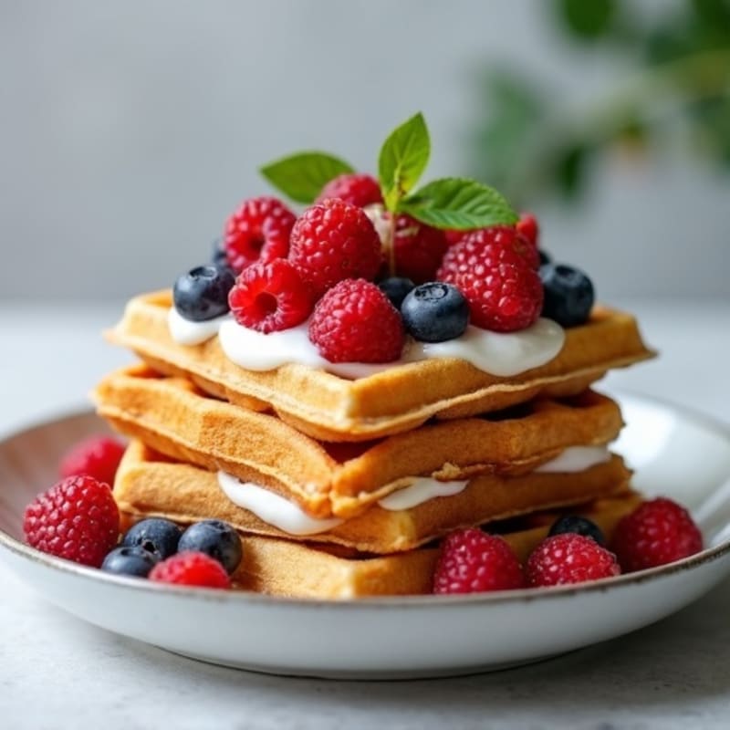 Crispy Protein Waffles with Creamy Vanilla Bean Yogurt Filling and Fresh Berries