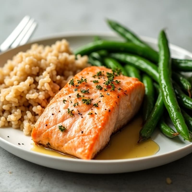 Seared Salmon Fillet with Garlic Green Beans and Brown Rice