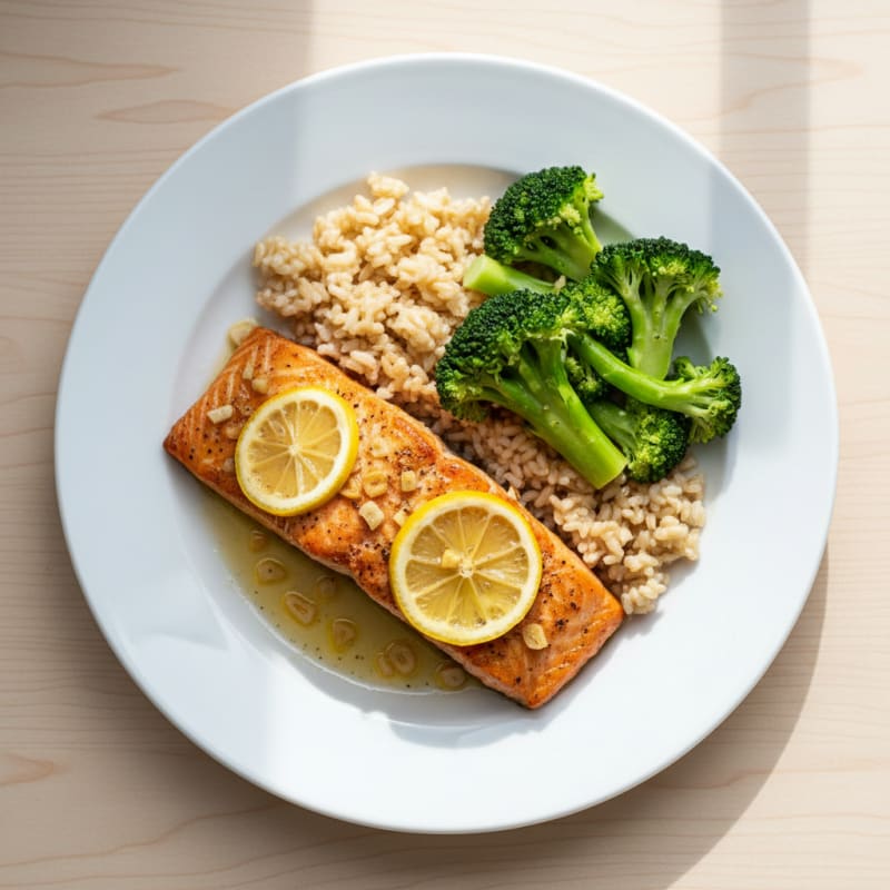 Roasted Salmon with Steamed Broccoli and Brown Rice