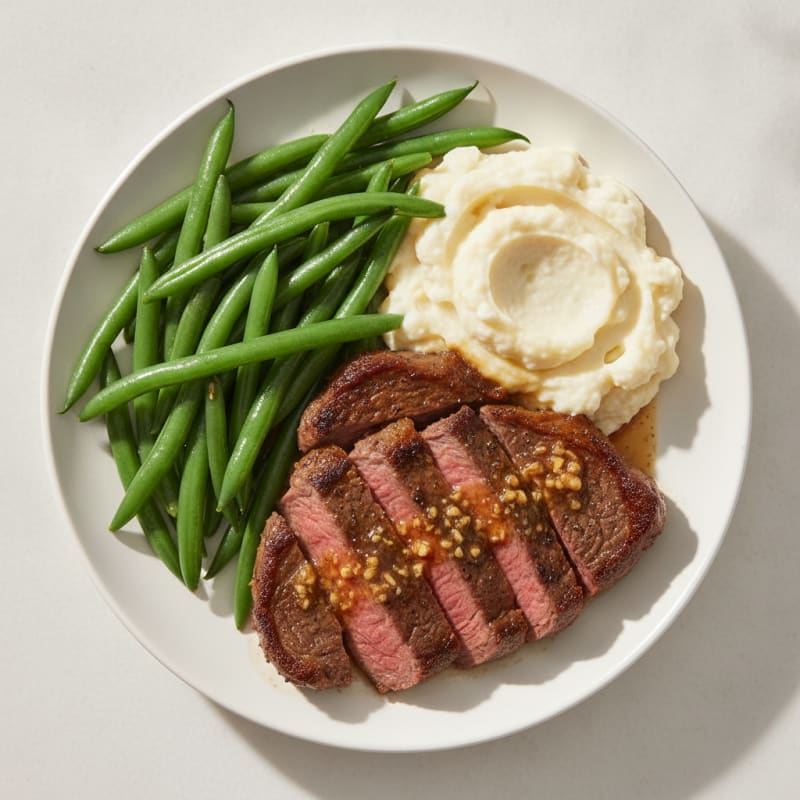 Seared Lean Beef with Steamed Green Beans and Mashed Cauliflower