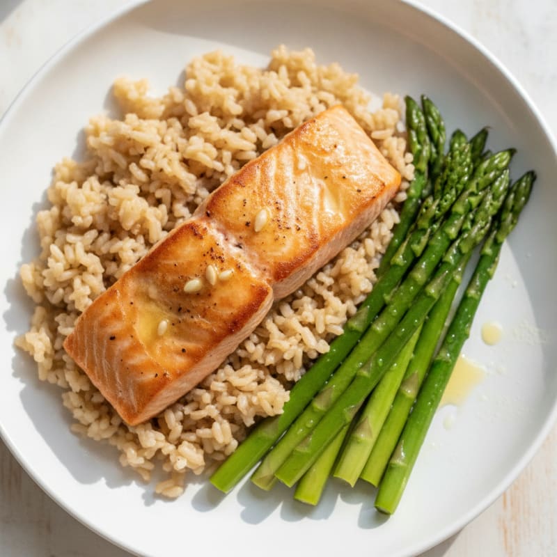 Seared Salmon with Steamed Asparagus and Brown Rice