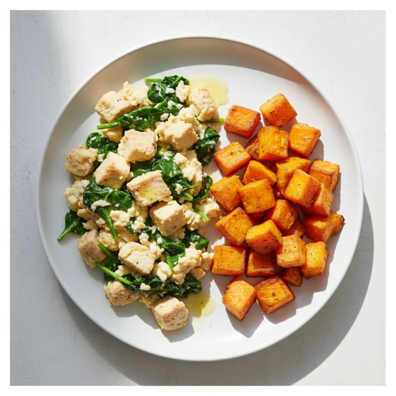 Chicken Egg White Scramble with Spinach and Roasted Sweet Potato