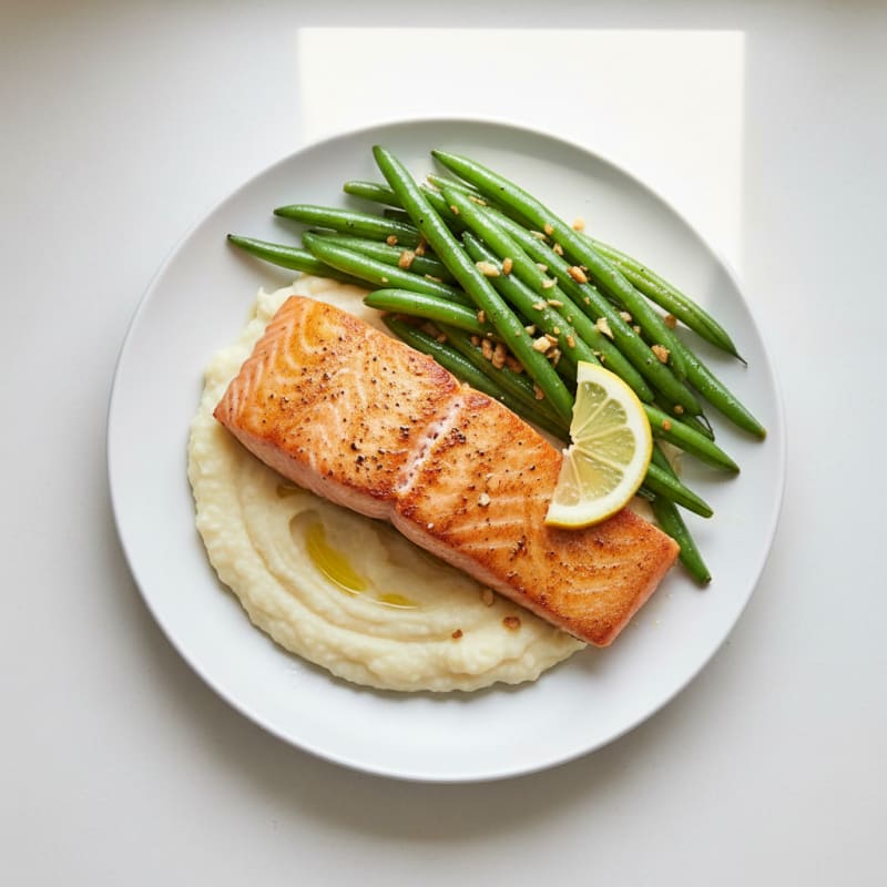 Seared Salmon with Garlic Green Beans and Cauliflower Mash