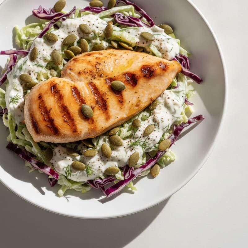 Grilled Chicken Breast with Crunchy Cabbage Slaw and Greek Yogurt Dressing