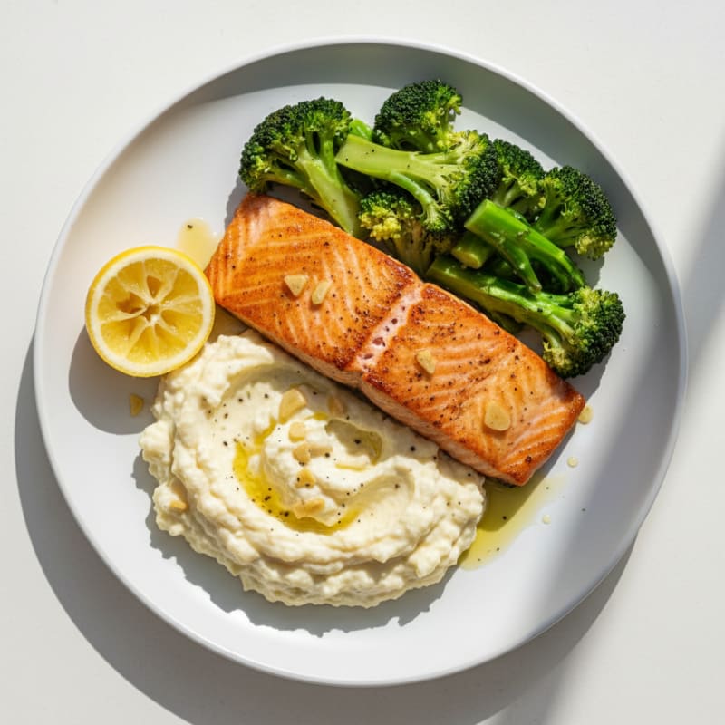 Seared Salmon with Steamed Broccoli and Garlic Mashed Cauliflower