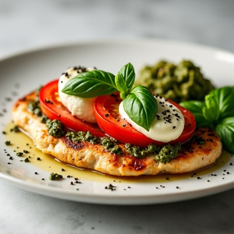 Grilled Chicken with Fresh Tomatoes, Creamy Mozzarella, and Basil Pesto